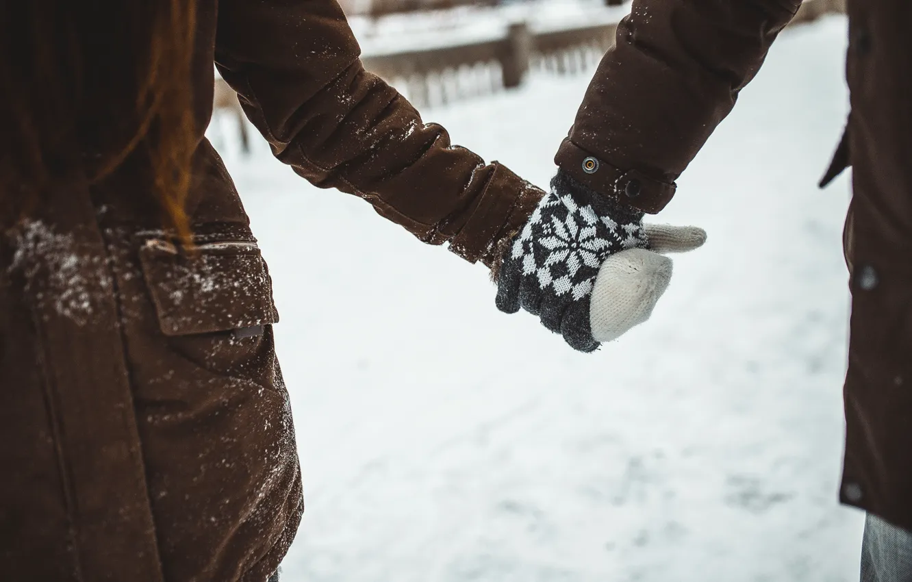 Photo wallpaper winter, girl, snow, love, guy, mittens, seruku