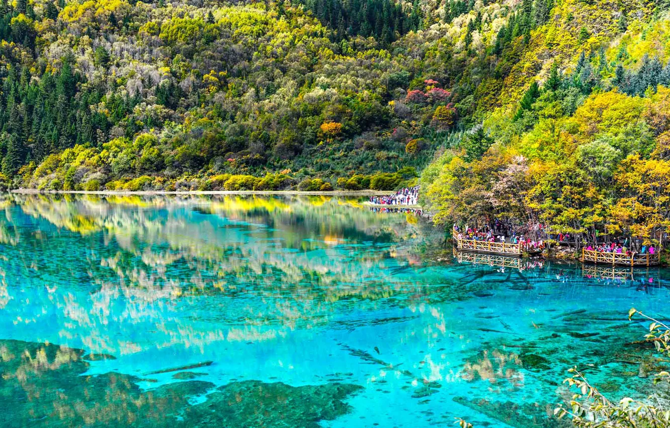 Photo wallpaper landscape, lake, China, tourists, Jiuzhai valley national Park, Sichuan