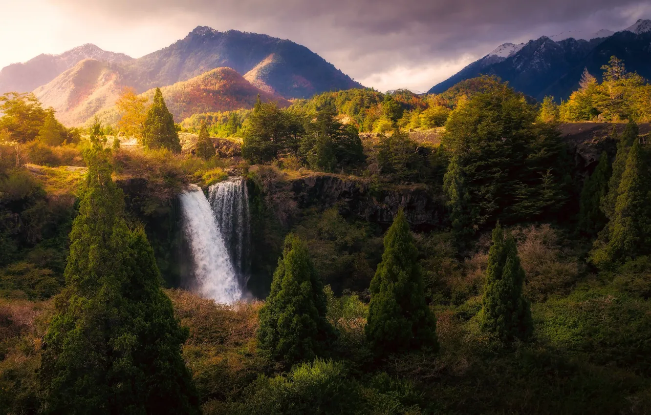 Photo wallpaper autumn, light, trees, mountains, nature, waterfall, National Park