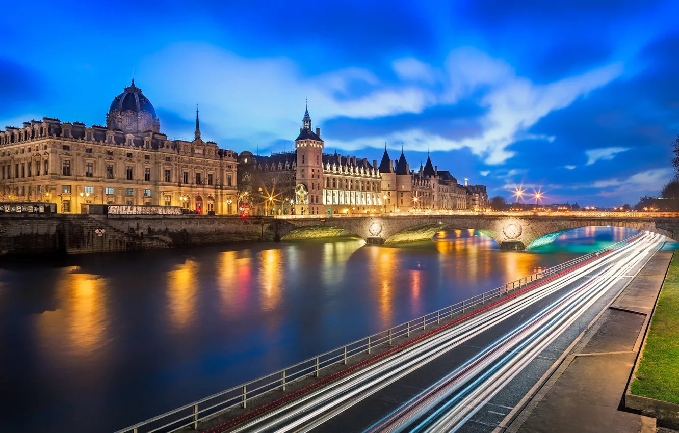 Photo wallpaper road, bridge, the city, lights, river, castle, France, Paris
