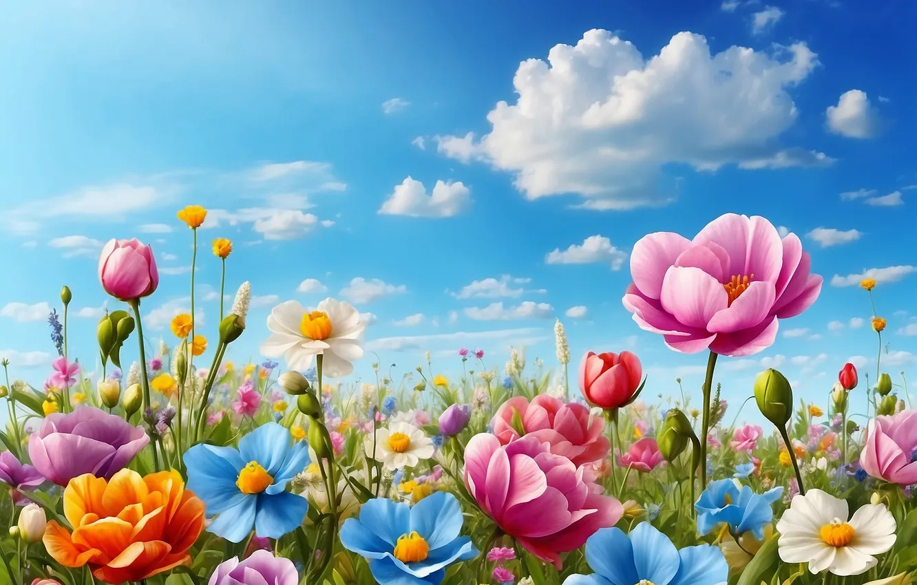 Photo wallpaper field, flowers, spring, colorful, sunshine, flowering, flowers, spring