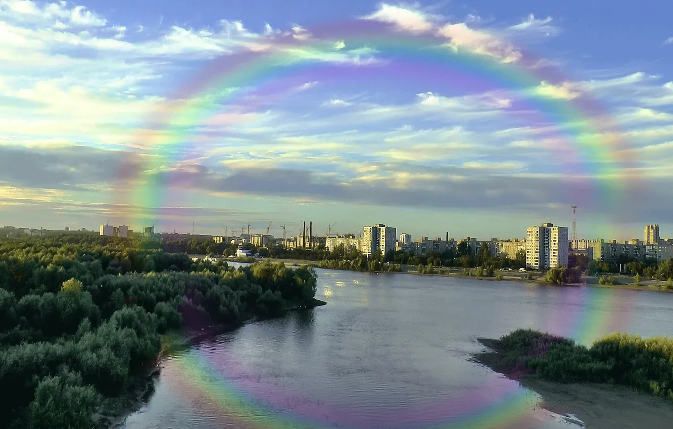 Photo wallpaper the city, river, the evening, Rainbow, dawn