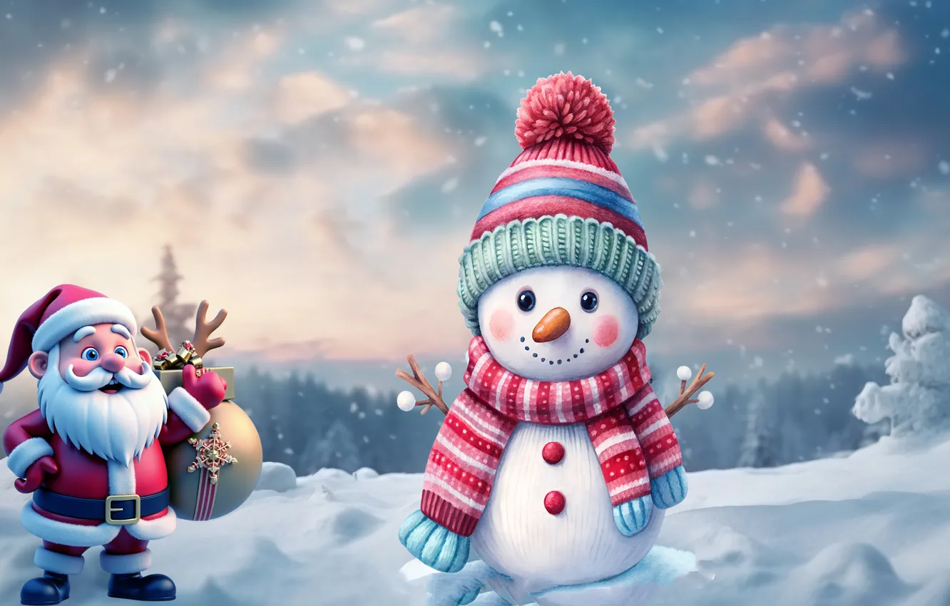 Photo wallpaper forest, snow, background, snowman, Santa Claus with gifts