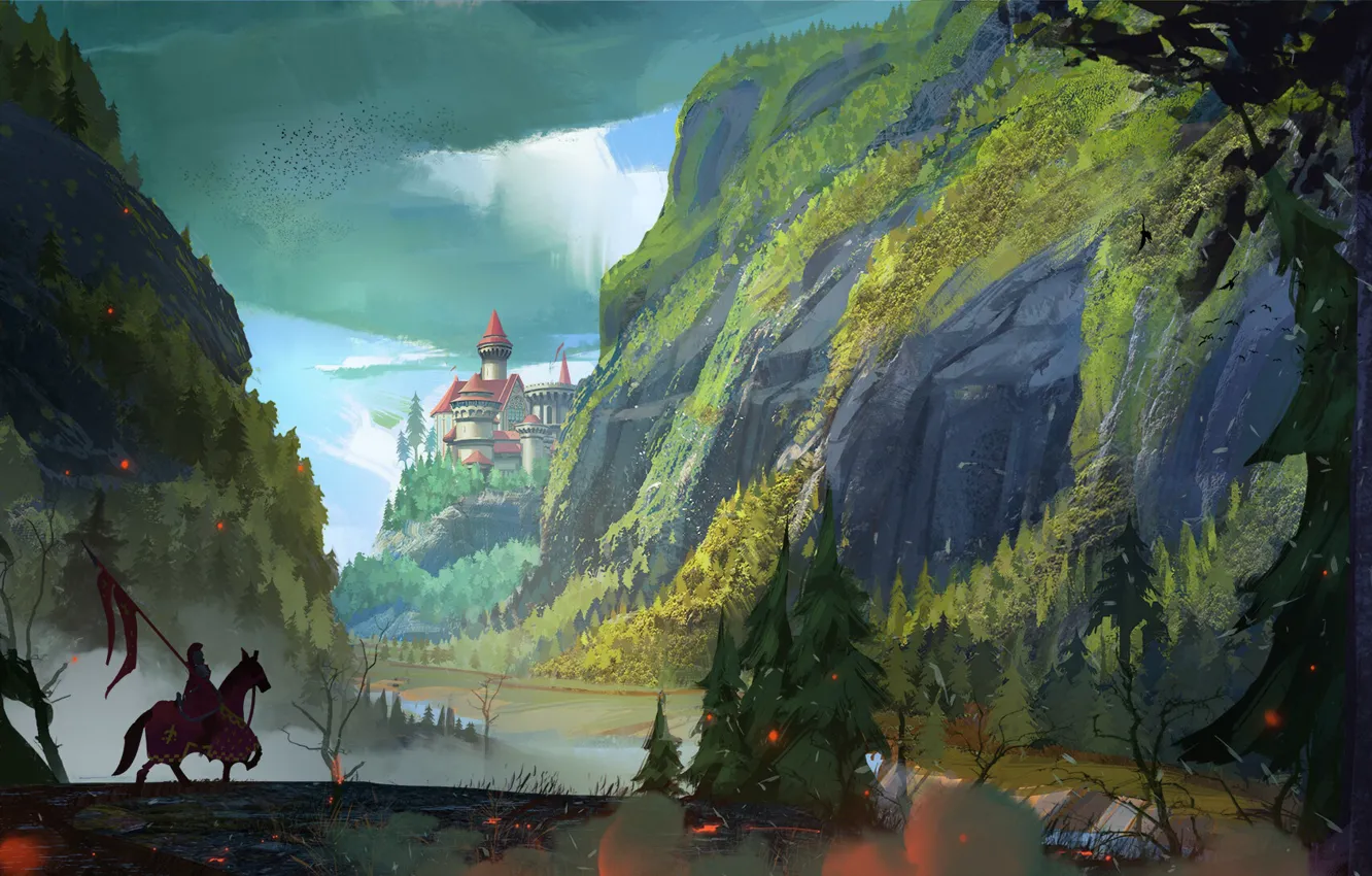 Photo wallpaper mountains, river, castle, horse, horse, figure, rider, knight