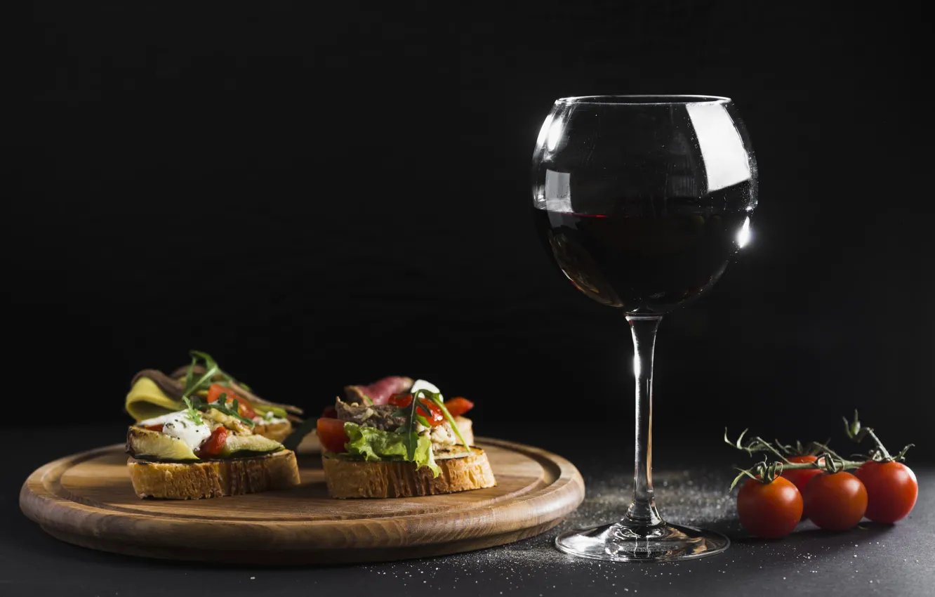 Photo wallpaper wine, red, glass, bread, red, wine, sandwiches, cutting Board