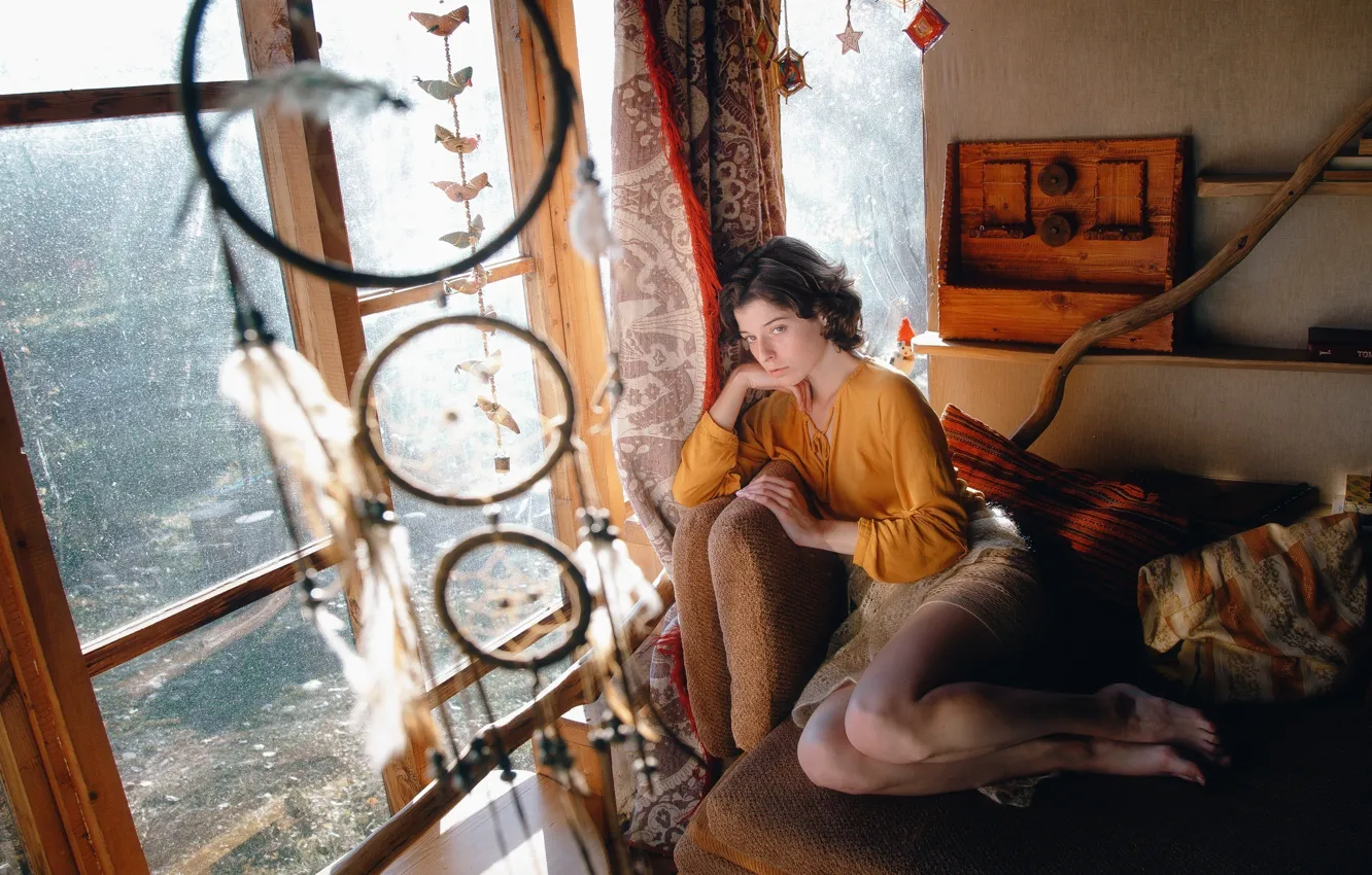 Photo wallpaper look, girl, pose, room, sofa, model, window, Anastasia