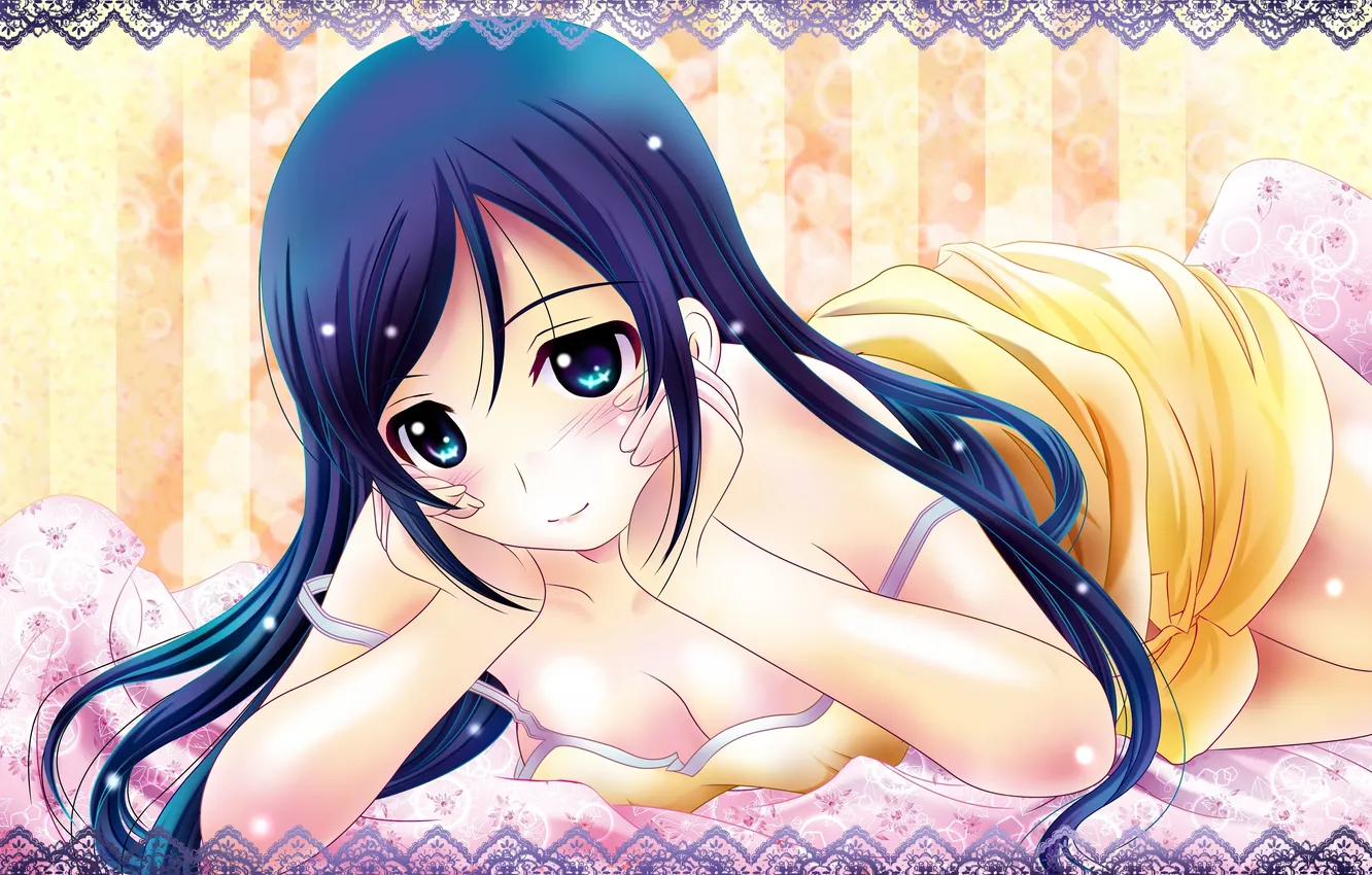 Photo wallpaper girl, smile, bed, lies, art, embarrassment, aka kitsune, Aragaki Ayase
