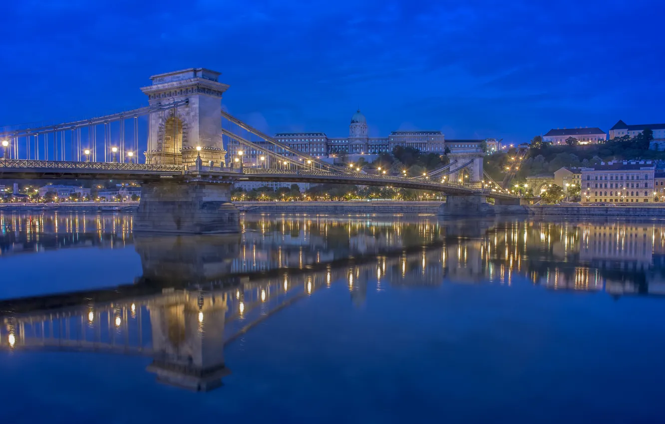 Photo wallpaper bridge, lights, river, home, the evening, support, Hungary, Budapest