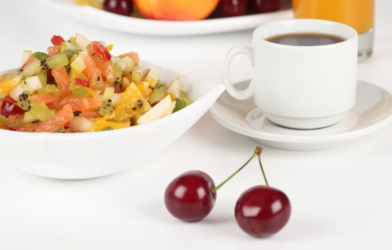 Photo wallpaper coffee, Cup, fruit salad