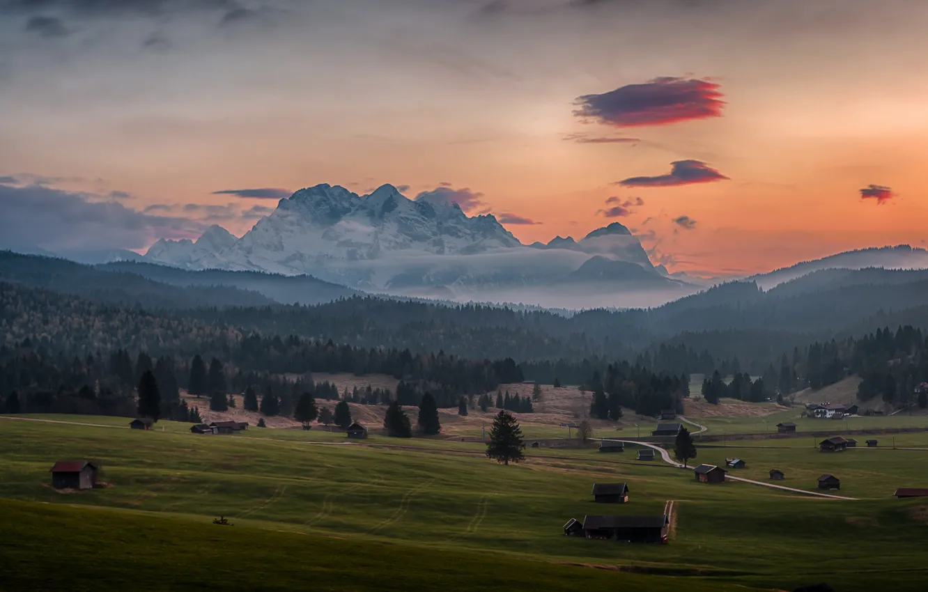 Photo wallpaper the sky, trees, mountains, home, valley, Bayern