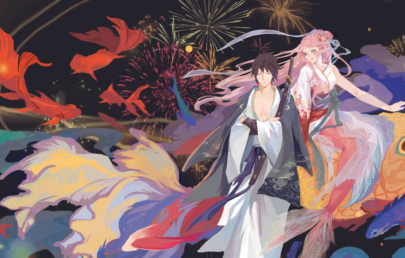 Photo wallpaper Naruto, katana, mermaid, Uchiha Sasuke, Haruno Sakura, kimono, by translucent body, japaese