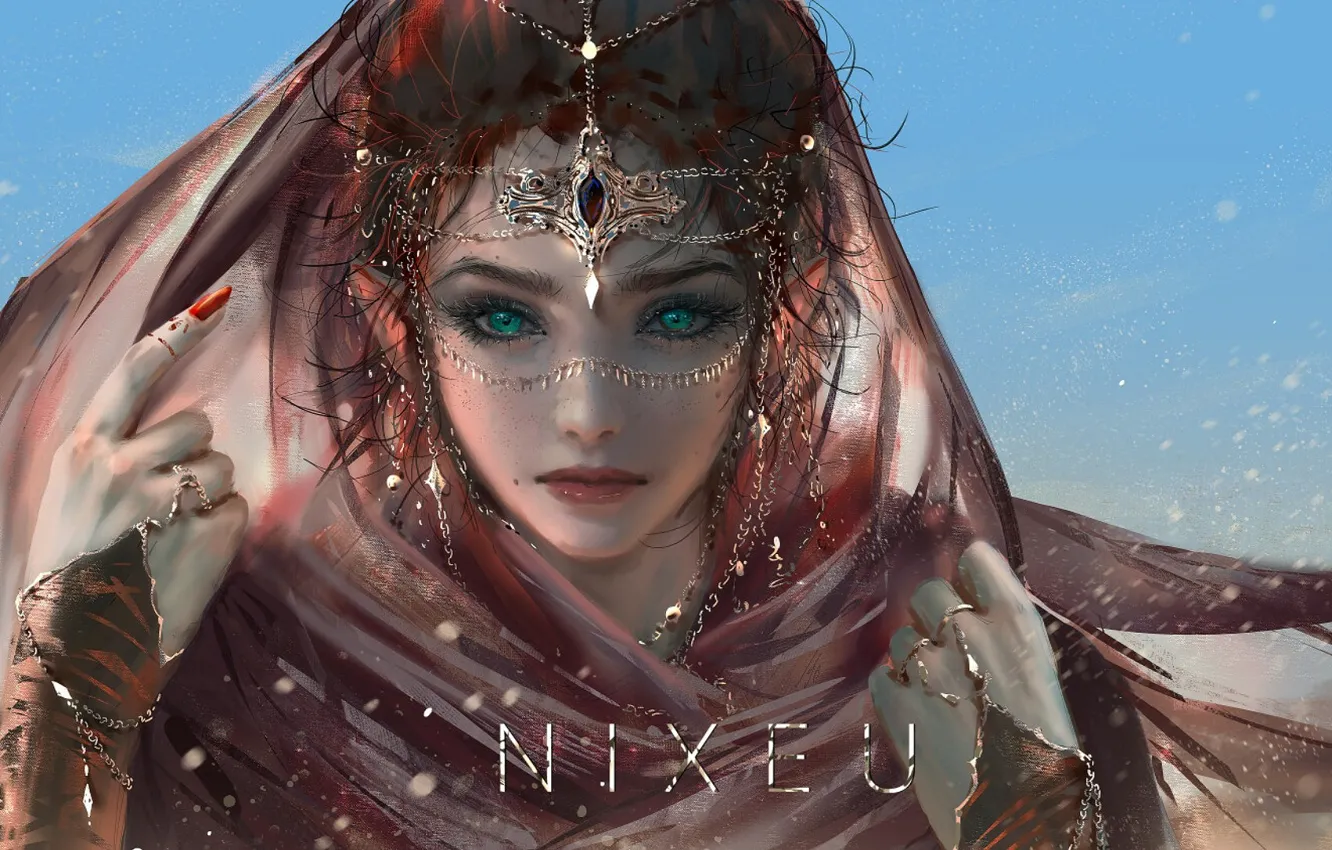 Photo wallpaper blue eyes, Diadema, moles, chain, transparent fabric, portrait of a girl, gem, by NIXEU
