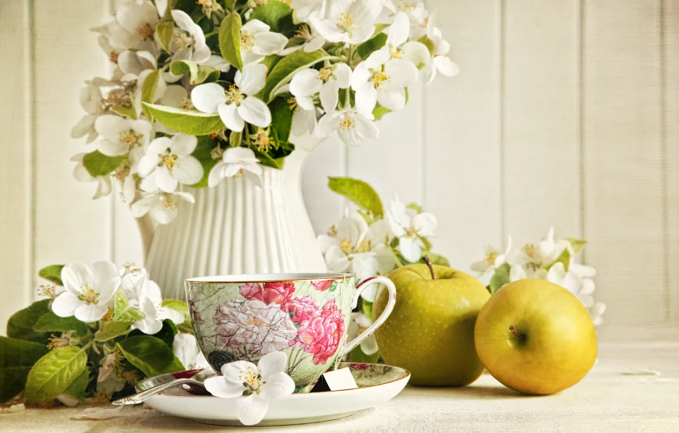Photo wallpaper flowers, tea, apples, green, Cup, pitcher, Jasmine