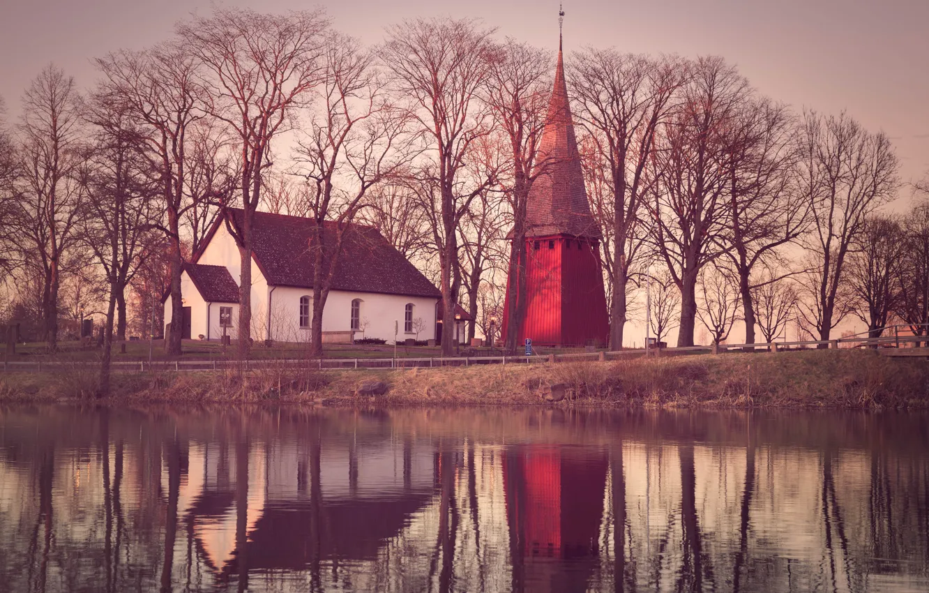 Photo wallpaper trees, lake, reflection, Church, trees, lake, reflection, church