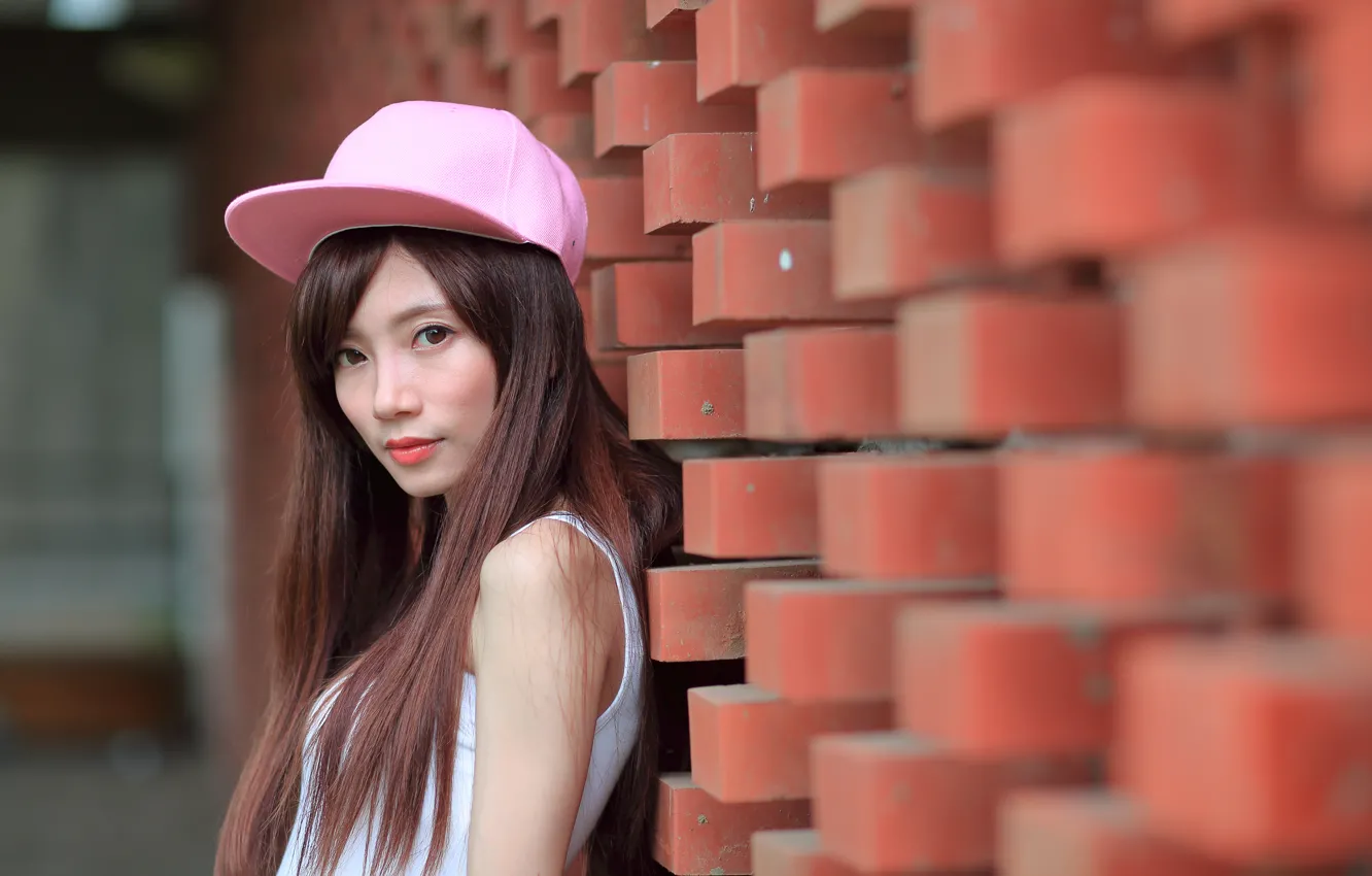 Photo wallpaper girl, face, hair, cap, Asian