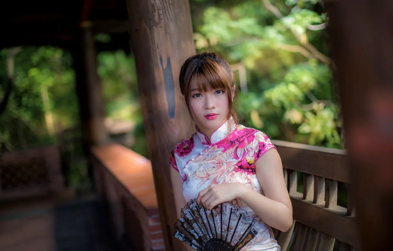 Photo wallpaper look, girl, dress, fan, Asian, cutie