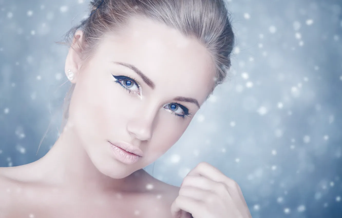 Photo wallpaper look, girl, face, background, arrows, hair, hands, makeup