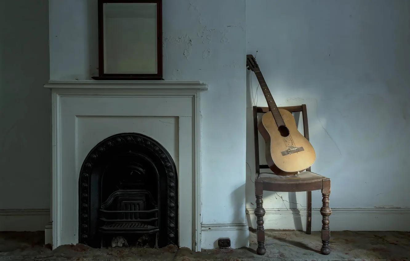 Photo wallpaper guitar, chair, fireplace