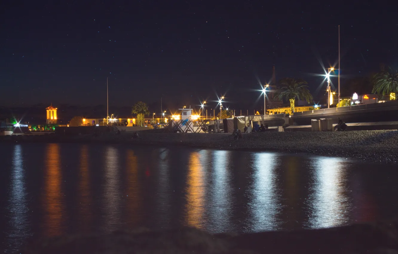 Photo wallpaper sea, beach, the sky, water, stars, night, the city, people