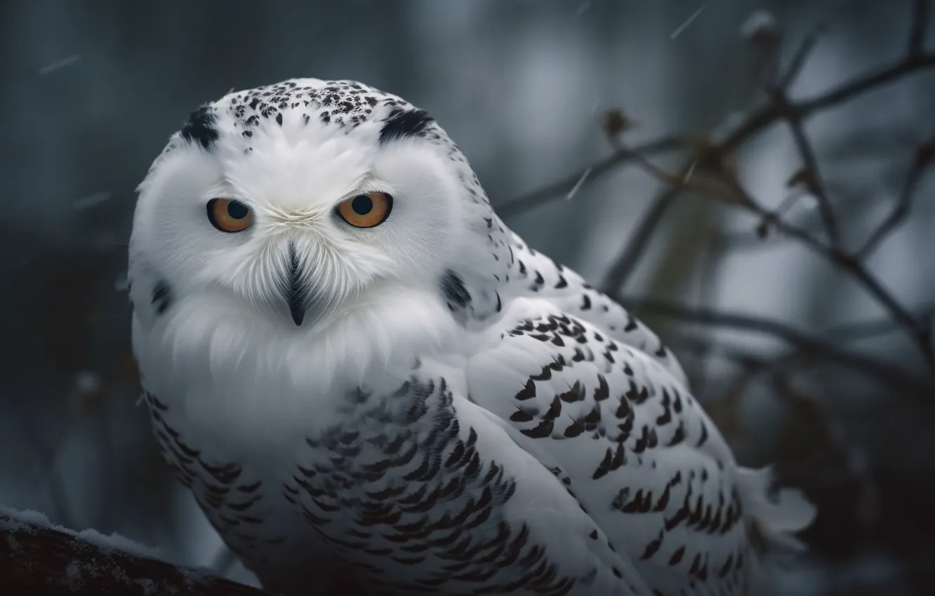 Photo wallpaper winter, white, look, snow, branches, owl, bird, portrait