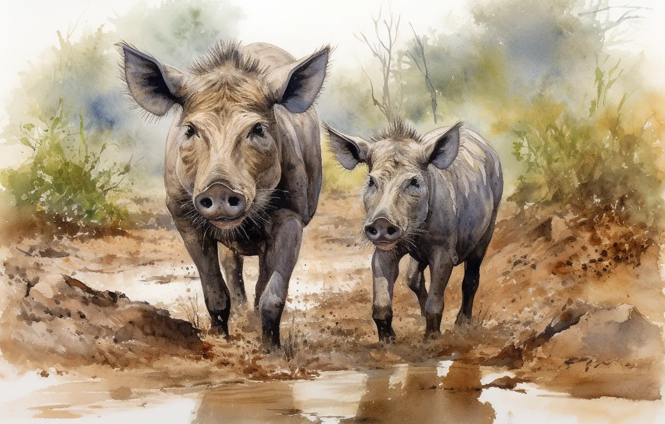 Photo wallpaper puddle, art, boar, two, digital art, imitation painting, AI art, The Art of Artificial Intelligence
