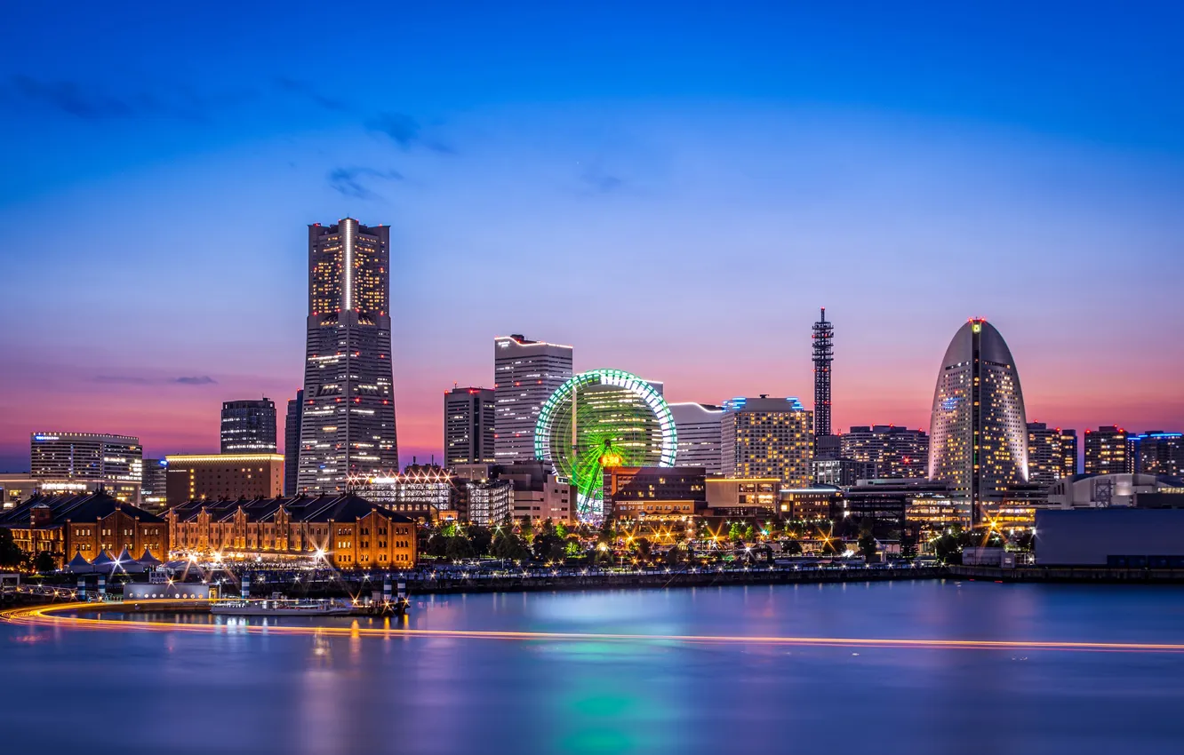 Photo wallpaper sea, night, the city, beauty, skyscrapers, Mirai, Yokohama, Minato