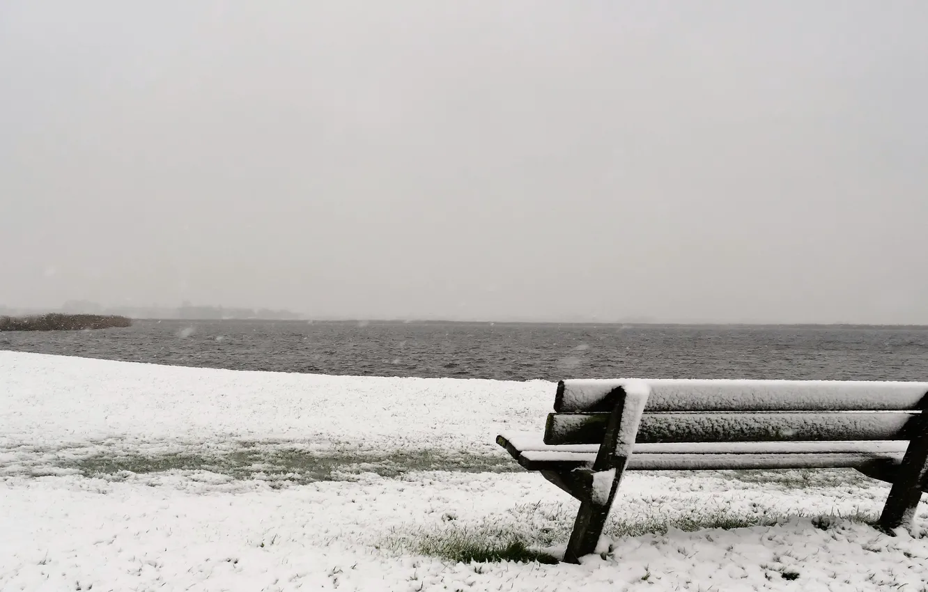 Photo wallpaper winter, sea, snow, shore, bench