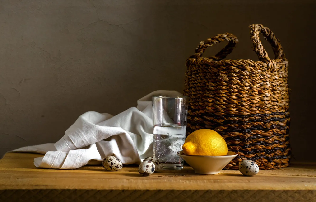 Photo wallpaper water, glass, table, lemon, eggs, towel, drink, bowl