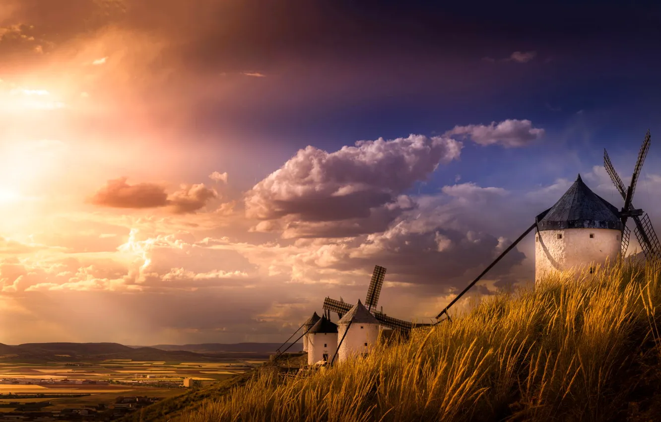 Photo wallpaper the sky, clouds, hills, mill