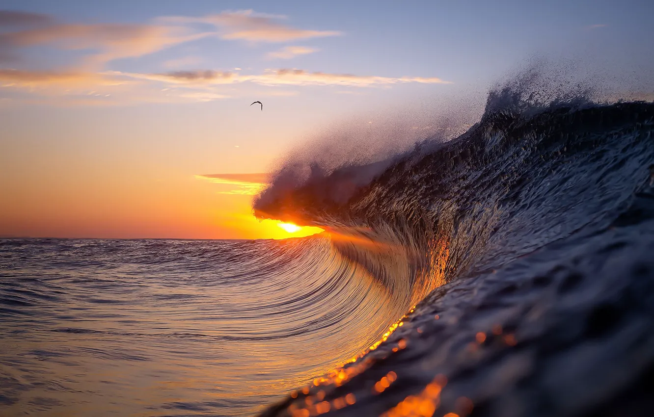 Photo wallpaper sea, wave, the sky, water, the sun, clouds, light, nature