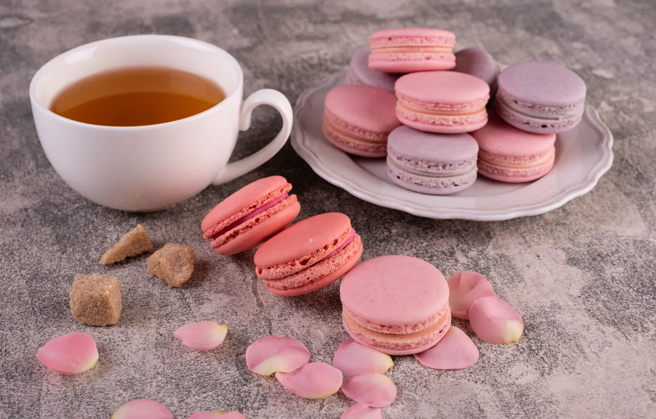 Photo wallpaper tea, rose, petals, sugar, cookies, macaron