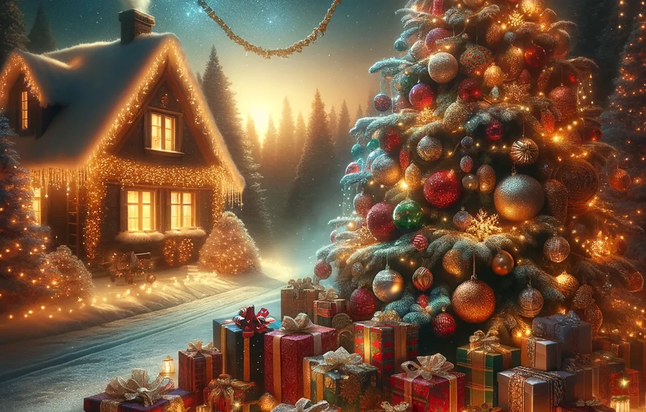 Photo wallpaper winter, balls, snow, gift, new year, home, Christmas, house