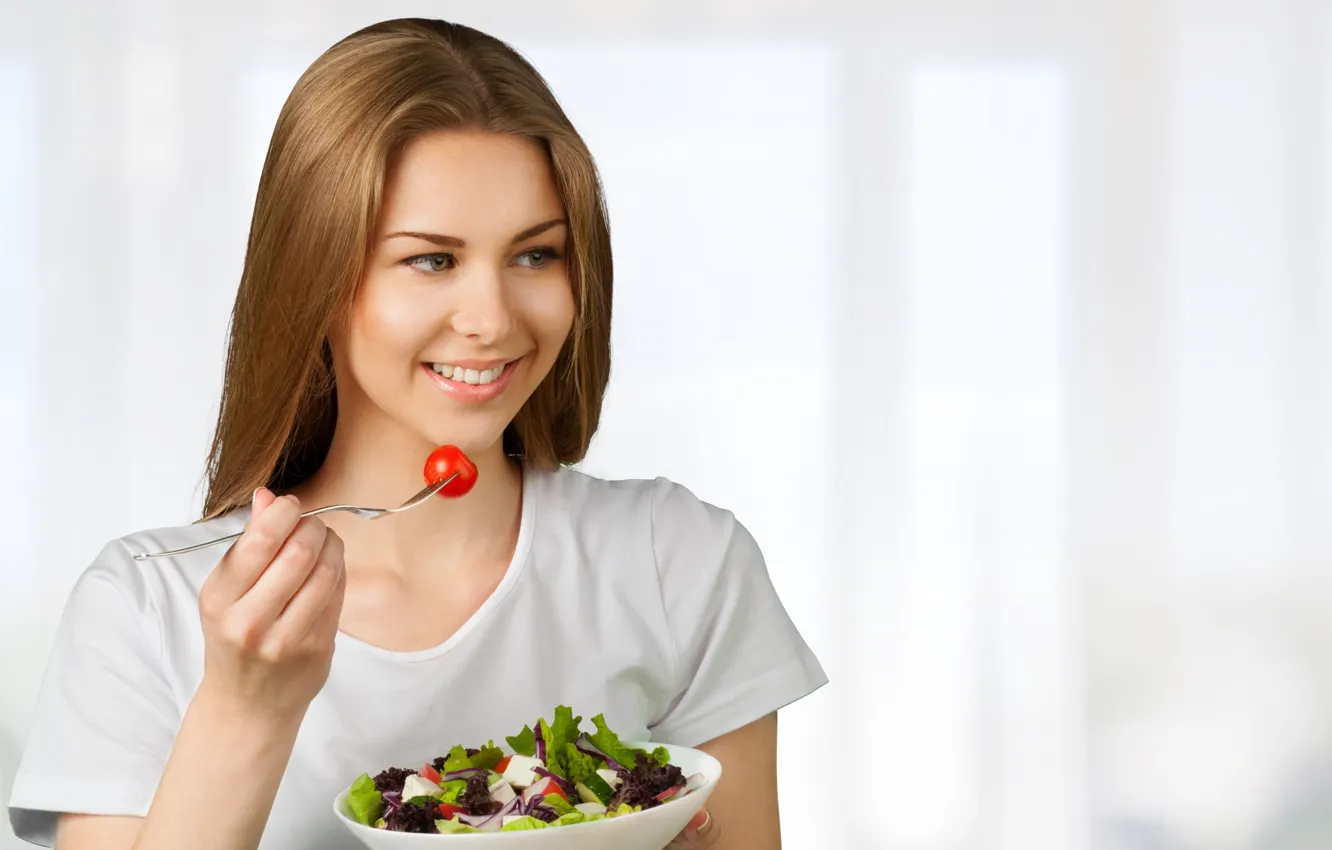 Photo wallpaper woman, smile, salad