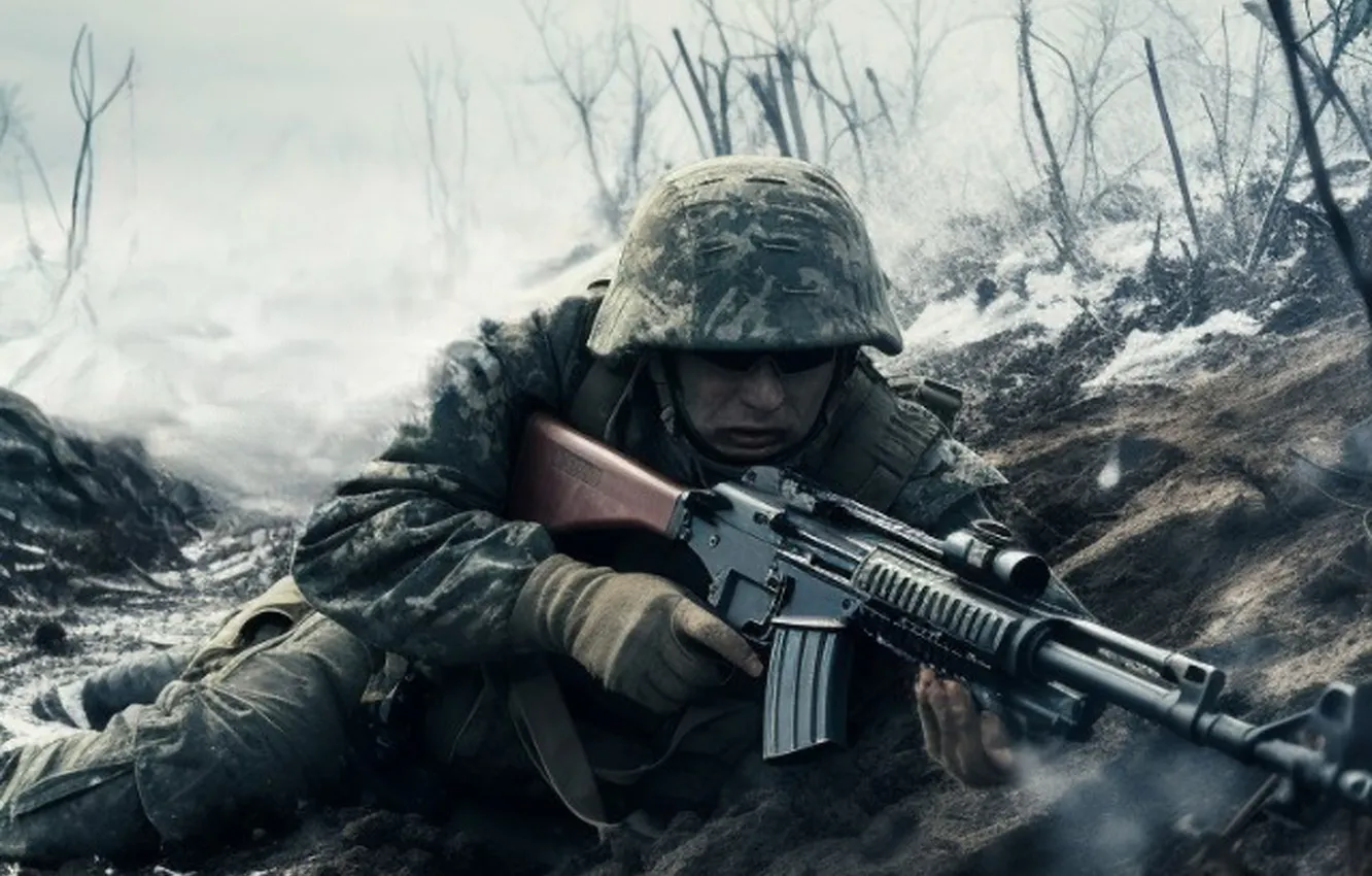 Photo wallpaper winter, snow, soldiers, machine, male, digital art, AI art, The Art of Artificial Intelligence