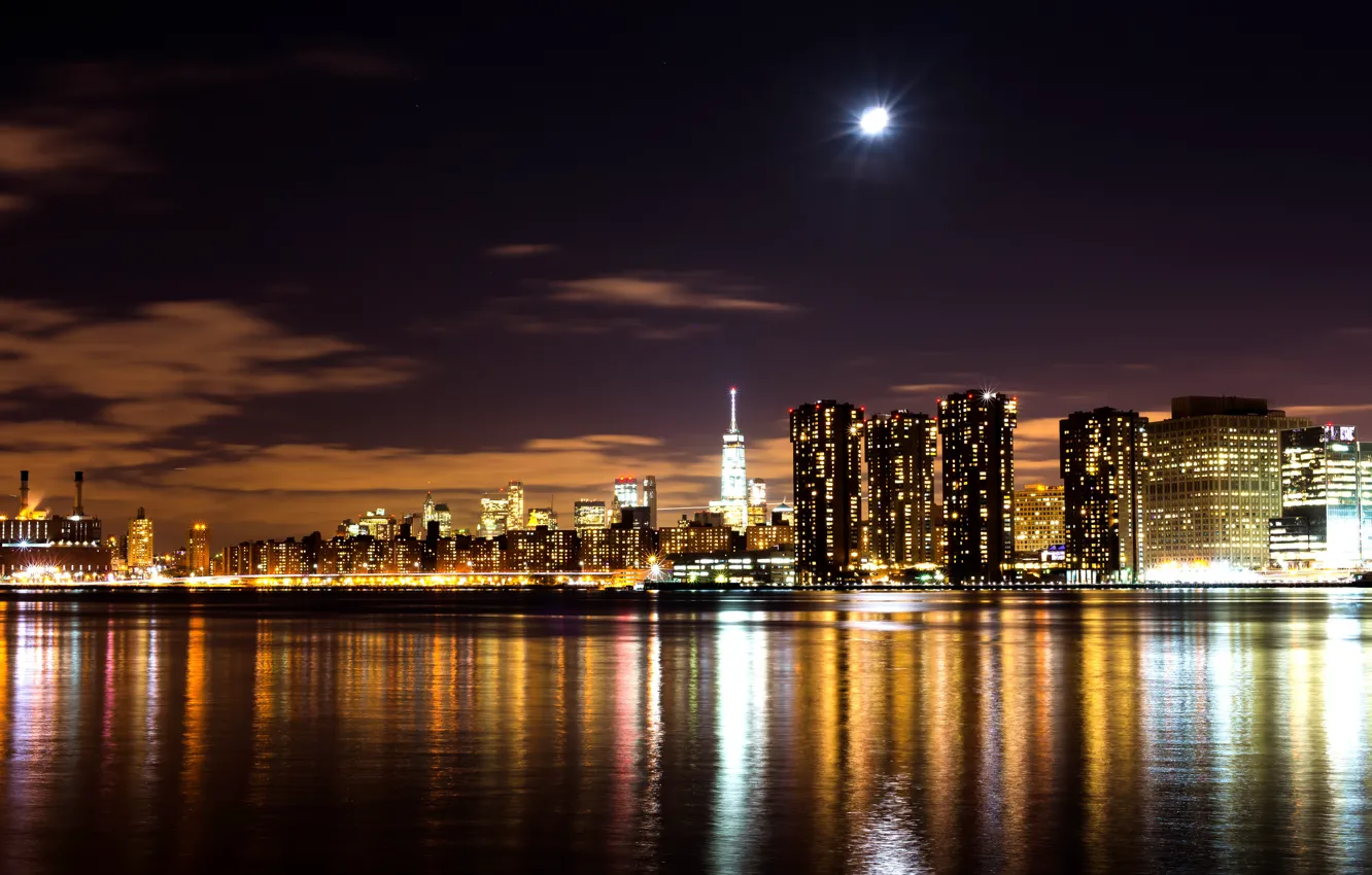Photo wallpaper night, lights, home, New York, Bay, USA