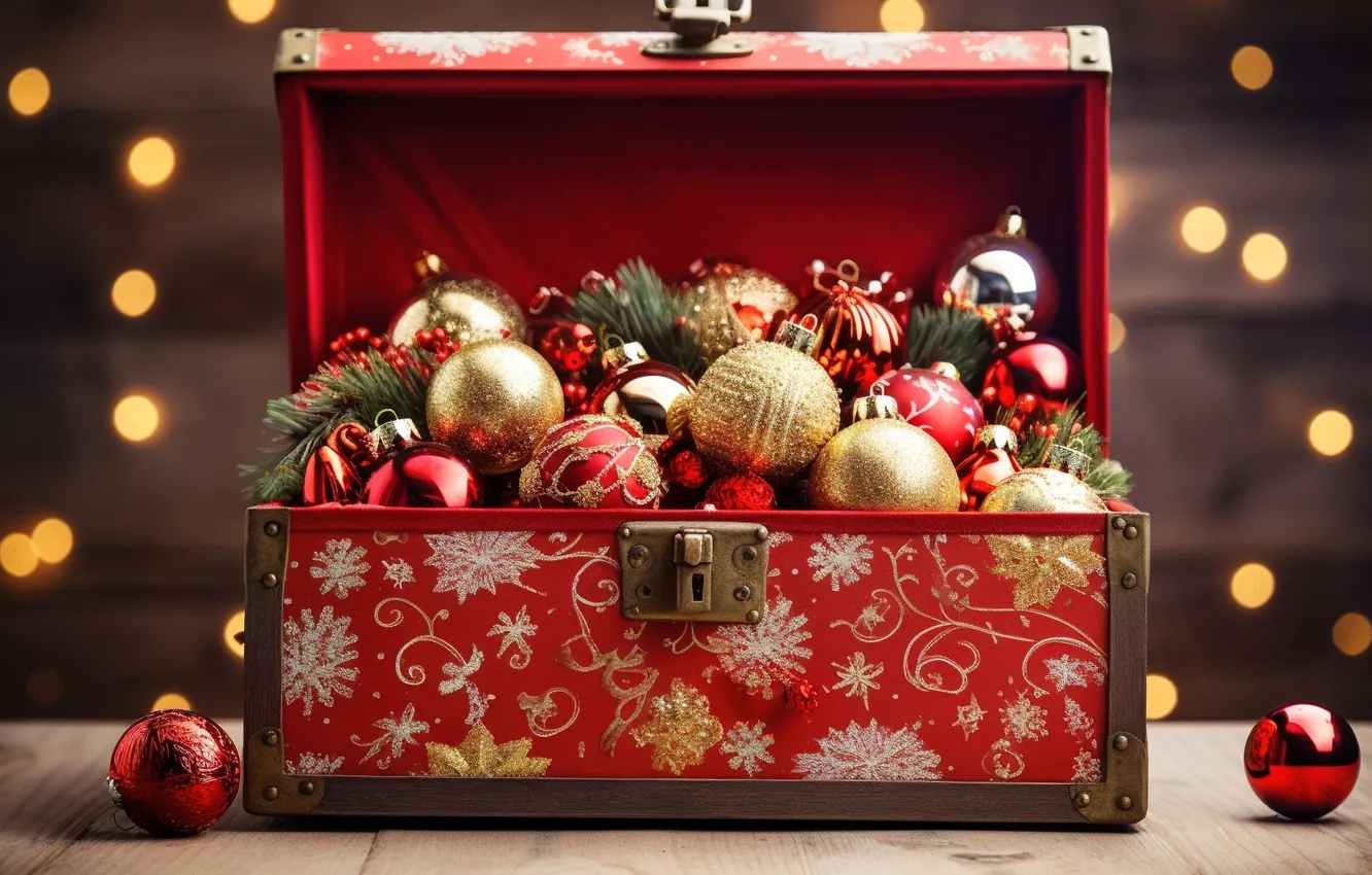 Photo wallpaper decoration, balls, new year, colorful, Christmas, golden, chest, Christmas
