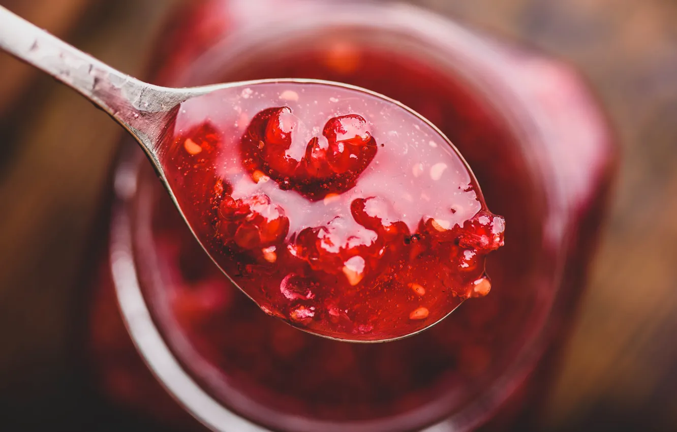 Photo wallpaper table, spoon, Bank, raspberry, closeup, jam, home, fragrant