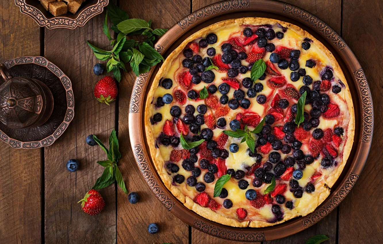 Photo wallpaper berries, blueberries, strawberry, pie, mint, cakes, sweet, Timolina