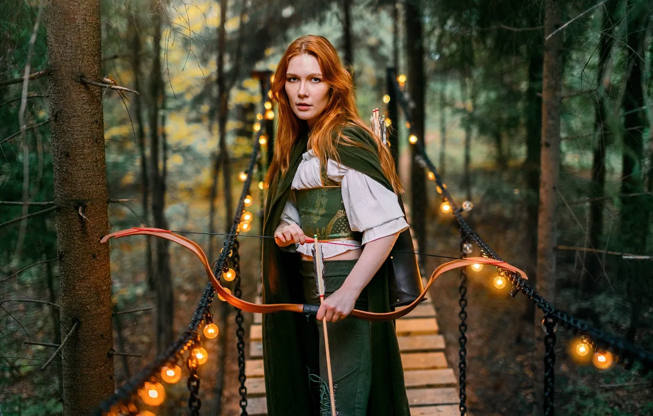 Photo wallpaper forest, look, girl, trees, bridge, pose, bow, red