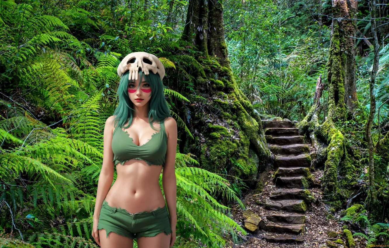 Photo wallpaper forest, girls, nature, anime, people, cosplay, costumes, neural network