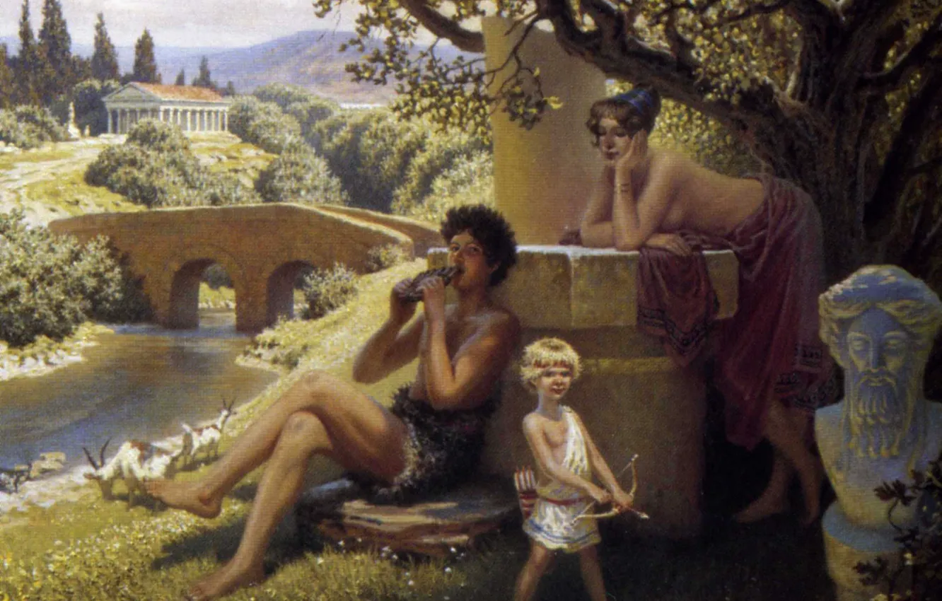 Photo wallpaper bridge, bow, river, Olshansky Boris, Arcadian pastoral