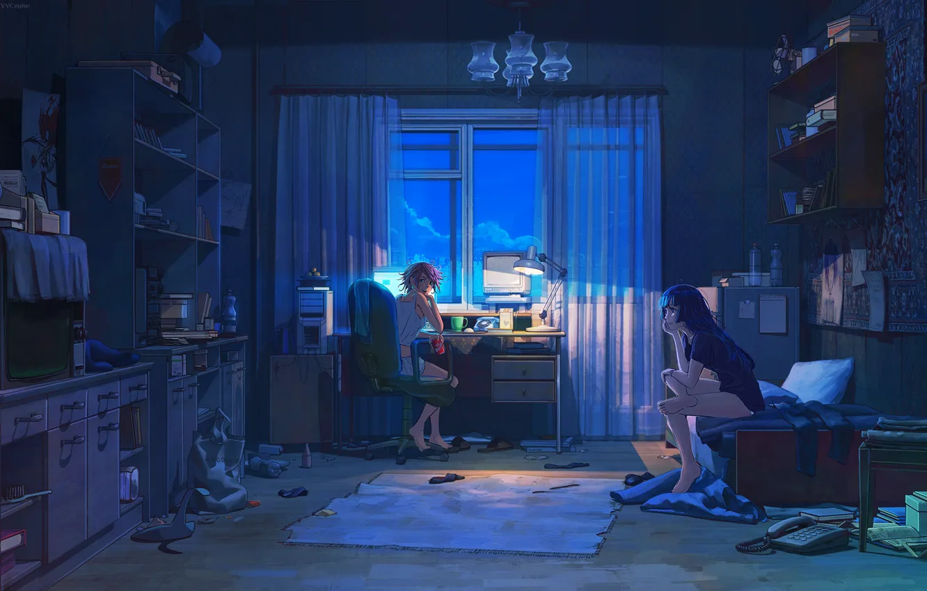 Photo wallpaper computer, night, room, girls, things, lamp, TV, art