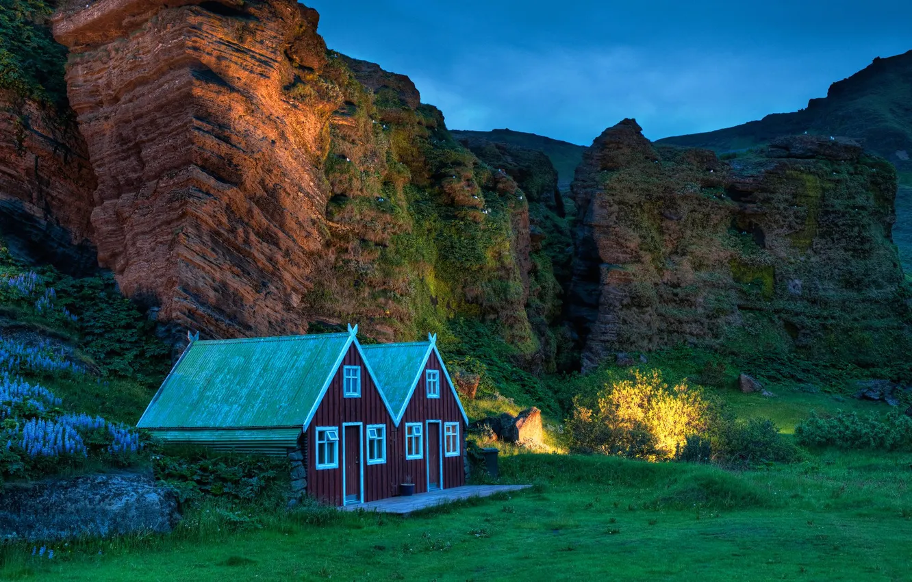 Photo wallpaper the sky, lights, rocks, the evening, house, Iceland, Iceland