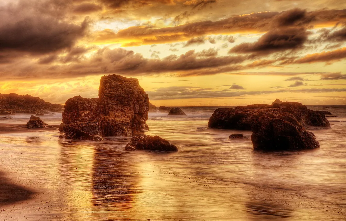 Photo wallpaper sea, beach, the sky, gold, rocks