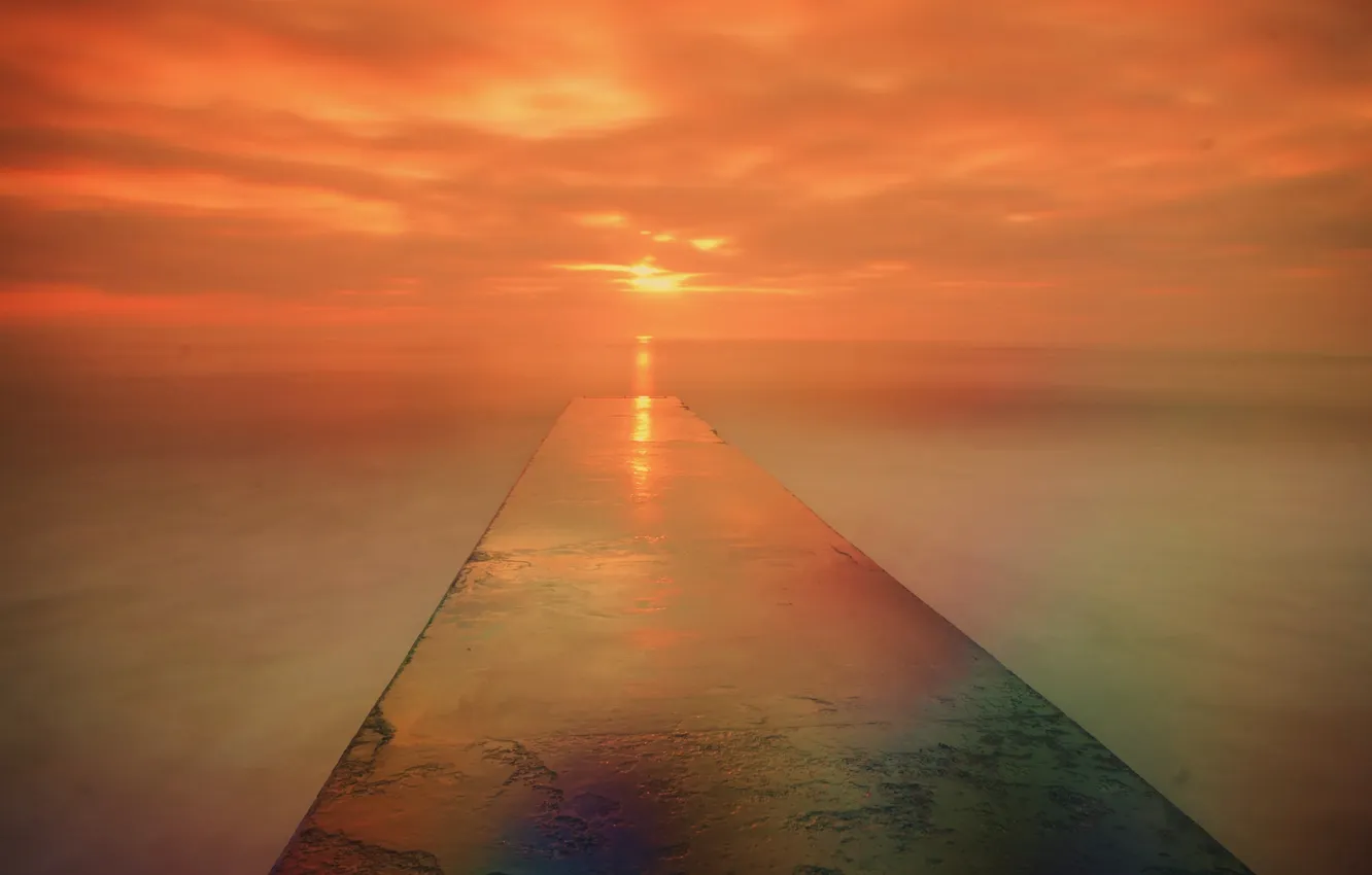 Photo wallpaper sea, the sun, clouds, clouds, dawn, pierce