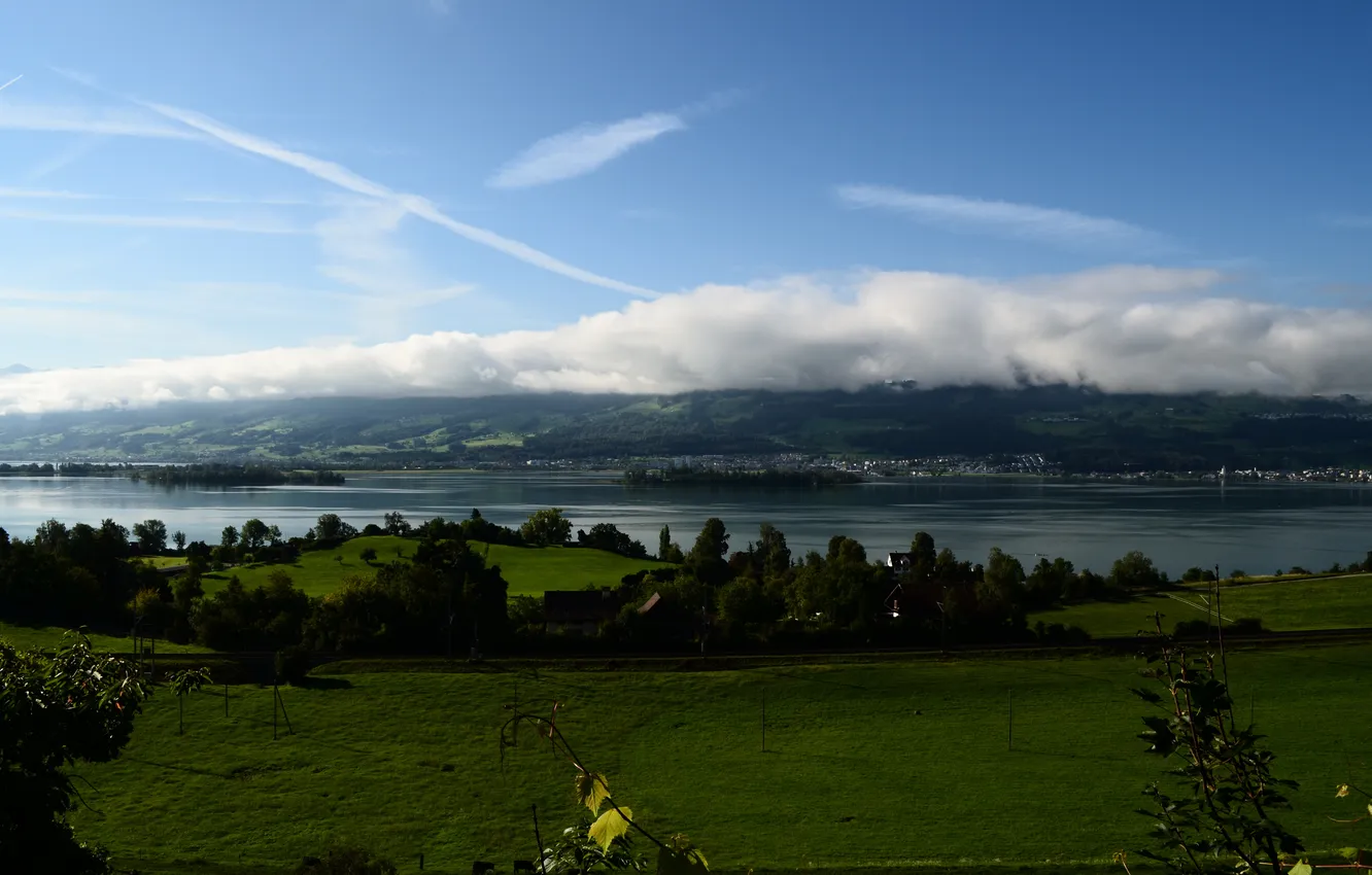 Photo wallpaper the sky, clouds, mountains, nature, lake, Lake Zurich
