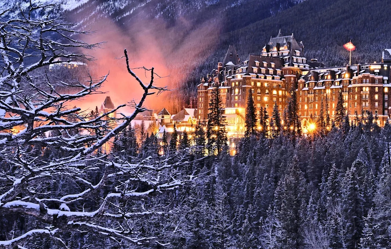 Photo wallpaper forest, trees, branches, the building, Canada, Albert, the hotel, Banff National Park