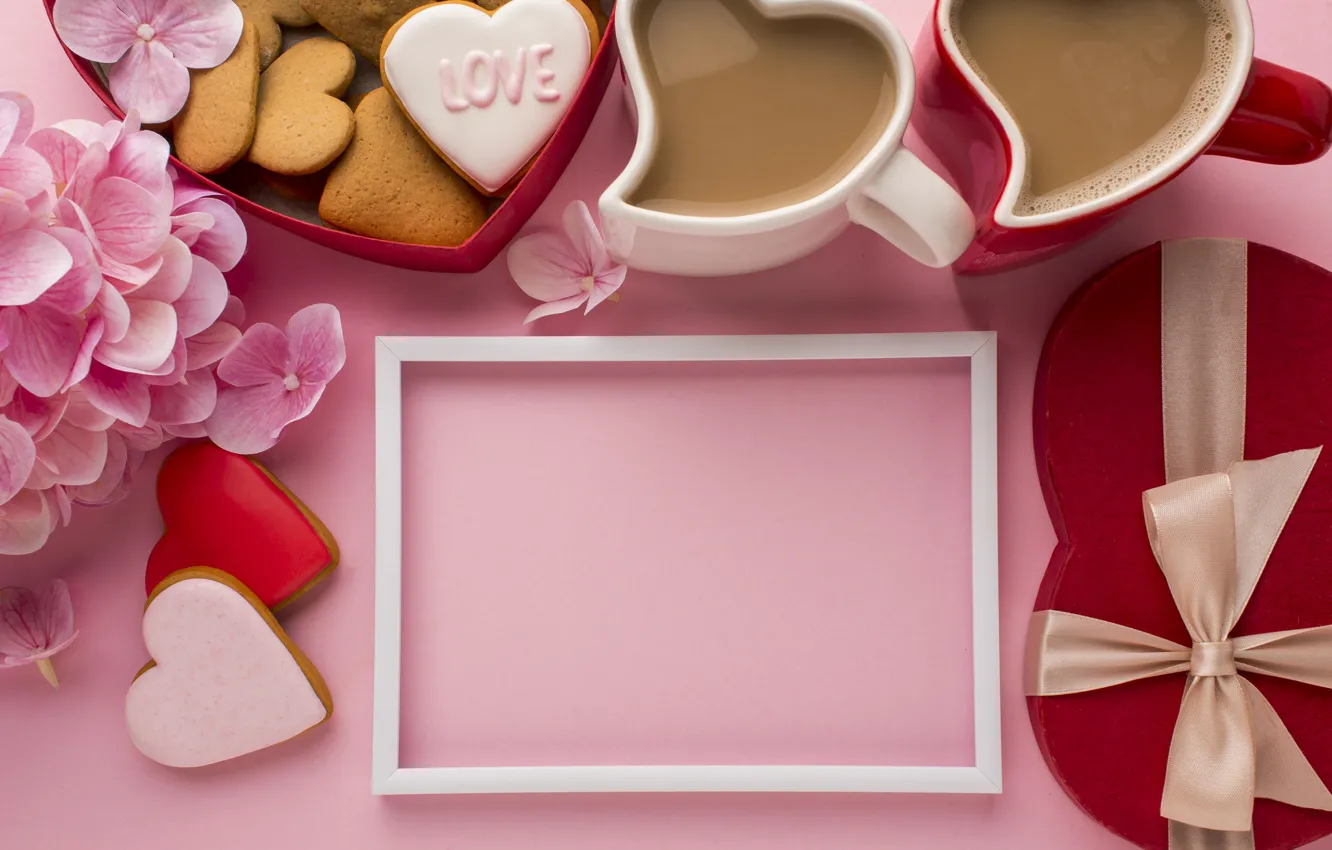 Photo wallpaper flowers, holiday, box, gift, heart, coffee, frame, cookies