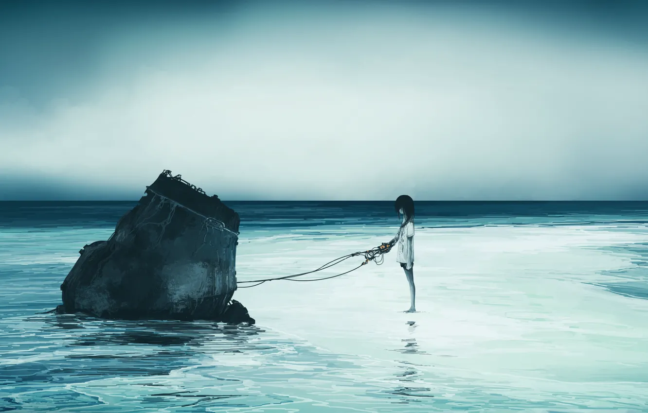 Photo wallpaper sea, girl, chained, chip