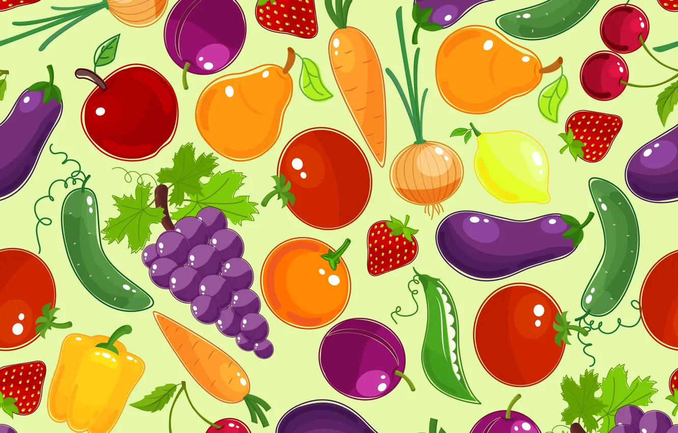 Photo wallpaper cherry, berries, lemon, apples, texture, bow, strawberry, peas